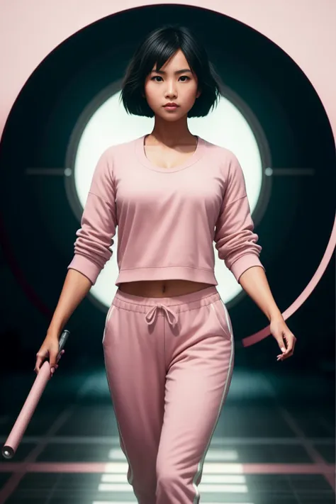 (extremely detailed CG unity 8k wallpaper), movie poster of ((full shot body)) of (beautiful asian woman) in battle stance in front of a wall with a (((circular design))), messy unkempt black hair in bob cut, wearing a (((pale pink))) jogging suit, ((modelshoot style)), smiling , visible feet, trending on ArtStation, trending on CGSociety, Intricate, High Detail, Sharp focus, dramatic, by midjourney and greg rutkowski, realism, beautiful and detailed lighting, shadows