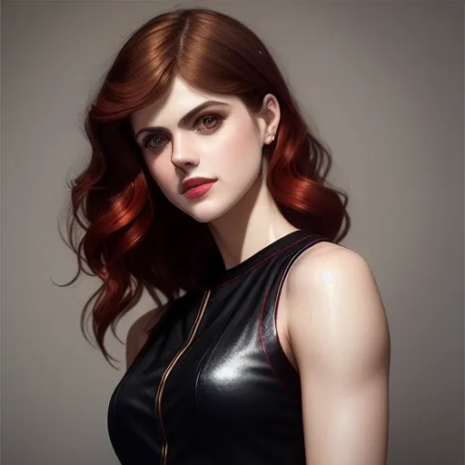 ((Alexandra Daddario)), marvel black widow, beautiful woman, red hair, black shirt, golden ratio, young, wet shirt, open shirt, eyeshadow, kneeling, woman, smiling, red lips, nostalgia, hand gesture, sexy, professional, office background, majestic oil painting by Mikhail Vrubel, Atey Ghailan, by Jeremy Mann, Greg Manchess, WLOP, Charlie Bowater, trending on ArtStation, trending on CGSociety, Intricate, High Detail, Sharp focus, dramatic, photorealistic, black background, epic volumetric lighting, fine details, illustration, (masterpiece, best quality, highres)