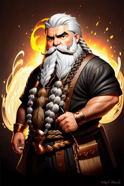 dramatic shot of a fantasy male dwarf blacksmith, fat and sturdy, with (white hair and extravagant moustache:1.1), (long intricate braided beard:1.3), (dark tan skin color:1.2), (copper eye color:1.1), broad concave nose, face lit by magma, highly detailed, digital painting