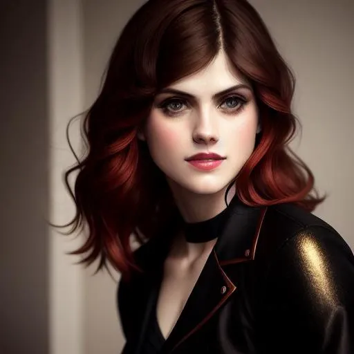 ((Alexandra Daddario)), marvel black widow, beautiful woman, red hair, black shirt, golden ratio, young, wet shirt, open shirt, eyeshadow, kneeling, woman, smiling, red lips, nostalgia, hand gesture, sexy, professional, office background, majestic oil painting by Mikhail Vrubel, Atey Ghailan, by Jeremy Mann, Greg Manchess, WLOP, Charlie Bowater, trending on ArtStation, trending on CGSociety, Intricate, High Detail, Sharp focus, dramatic, photorealistic, black background, epic volumetric lighting, fine details, illustration, (masterpiece, best quality, highres)