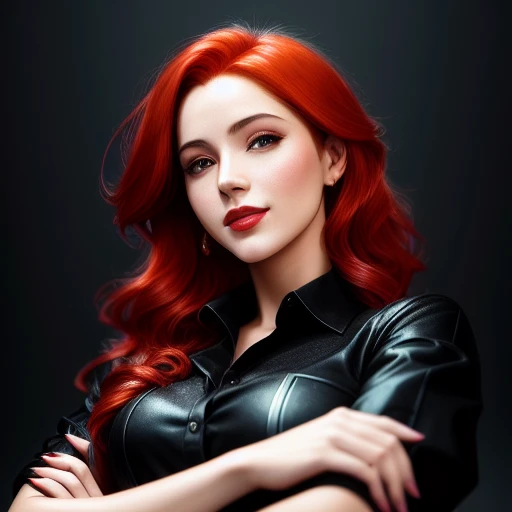 beautiful woman, red hair, black shirt, golden ratio, young, wet shirt, open shirt, eyeshadow, kneeling, woman, smiling, red lips, nostalgia, hand gesture, sexy, professional, office background, majestic oil painting by Mikhail Vrubel, Atey Ghailan, by Jeremy Mann, Greg Manchess, WLOP, Charlie Bowater, trending on ArtStation, trending on CGSociety, Intricate, High Detail, Sharp focus, dramatic, photorealistic, black background, epic volumetric lighting, fine details, illustration, (masterpiece, best quality, highres)