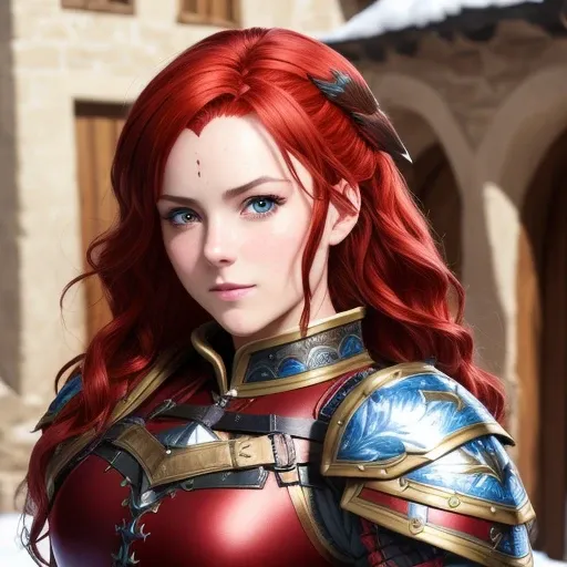 ((masterpiece)), masterwork, high quality, best quality, extreme detail, (absurdres:1.6), (8k:1.6), (3d:0.007), (isekai:1.5), feminine, intense shadows, dof, cinematic lighting, ray tracing, (detailed flowing silky red hair), ((DETAILED PUPILS)), seductive gaze, smiling, extremely detailed body, (extremely detailed face:1.7), (extremely detailed hands:1.3), sexy artstation female body with detailed breastplate armor with detailed eagle engraving, pale skin, detailed realistic snowy medieval village with detailed fantasy blacksmith background, warrior german female