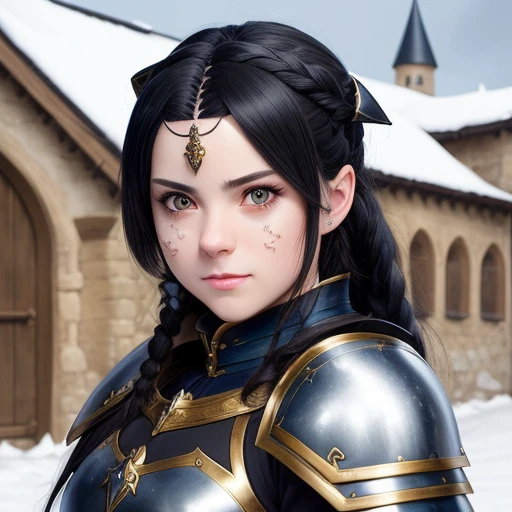 ((masterpiece)), masterwork, high quality, best quality, extreme detail, (absurdres:1.6), (8k:1.6), (3d:0.007), (isekai:1.5), feminine, intense shadows, dof, cinematic lighting, ray tracing, (detailed silky black hair), ((DETAILED PUPILS)), seductive gaze, smiling, extremely detailed body, (extremely detailed face:1.7), (extremely detailed hands:1.3), artstation female body with detailed breastplate armor with detailed cat engraving, pale skin, detailed snowy medieval village with detailed fantasy church background, warrior russian female