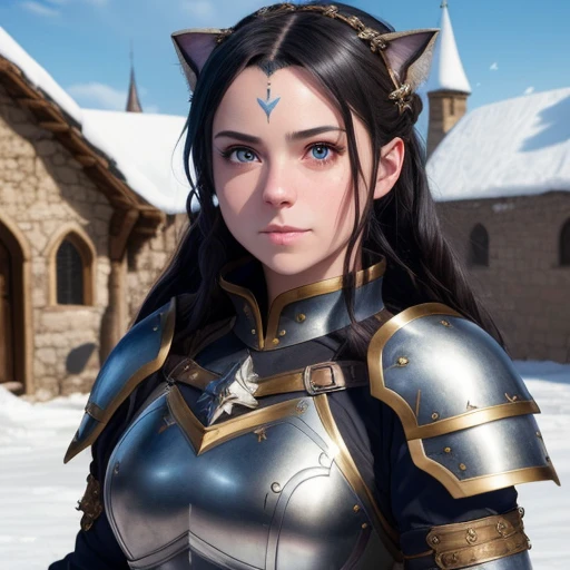 ((masterpiece)), masterwork, high quality, best quality, extreme detail, (absurdres:1.6), (8k:1.6), (3d:0.007), (isekai:1.5), feminine, intense shadows, dof, cinematic lighting, ray tracing, (detailed silky black hair), ((DETAILED PUPILS)), seductive gaze, smiling, extremely detailed body, (extremely detailed face:1.7), (extremely detailed hands:1.3), artstation female body with detailed breastplate armor with detailed cat engraving, pale skin, detailed snowy medieval village with detailed fantasy church background, warrior russian female