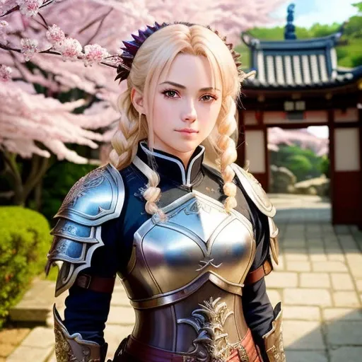 ((masterpiece)), masterwork, high quality, best quality, extreme detail, (absurdres:1.6), (8k:1.6), (3d:0.007), (isekai:1.5), feminine, intense shadows, cinematic lighting, ray tracing, (detailed windy silky pink and blonde hair), ((DETAILED PUPILS)), seductive gaze, smiling, extremely detailed body, (extremely detailed face:1.7), (extremely detailed hands:1.3), (hand_on_hip:1.2), sexy artstation male body with detailed breastplate armor with dragon head engraving, pale skin, detailed realistic japanese sakura tree garden with detailed arched entrance gate background, warrior Chinese female