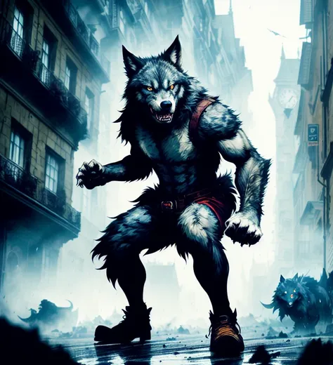 photorealistic upper body photo of an angry werewolf in a street in London, furry, feral, torn clothing, wolf tail, standing in the rubble, raining, (perfect composition:1.4), deviantart hd, artstation hd, concept art, detailed face and body, award-winning photography, margins, claws, highly detailed, 12k ultrarealistic, cinematic lighting, art by Grzegorz Rutkowski, fighting pose, misty,