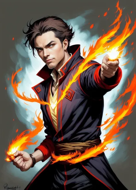 semi realistic digital 2d, fire sorcerer, elegant and beautiful, (perfect composition:1.4), deviantart hd, artstation hd, concept art, detailed face and body, award-winning photography, margins, highly detailed, 12k , cinematic lighting, art by Grzegorz Rutkowski, casting pose
