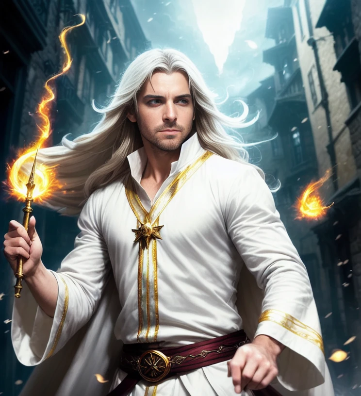 photorealistic photo of a handsome young male wizard, white wizard shirt with golden trim, white robe moving in the wind, long white hair, fully clothed, perfect face, handsome, (perfect composition:1.4), deviantart hd, artstation hd, concept art, detailed face and body, award-winning photography, margins, detailed face, detailed hands, ,backlight, 12k ultrarealistic, ray tracing, intense gaze, looking at the viewer, cinematic lighting, art by Grzegorz Rutkowski, embers, high fantasy background, action pose, hands up to 90 degrees, holding a small magic wand, water splash, misty