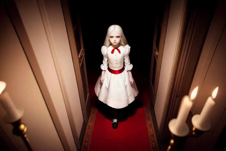 young princess, , white hair, white eyelashes, pale skin, golden eyes, slim build, (white dress:1.4), environment in black and red tones, gothic atmosphere, greg rutkowski, horror atmosphere, red light, ((Style-Empire)), ancient dark corridor, torches on the walls, a long tunnel, wlop, and Sam Kuvshinov, (from_above:1.3)