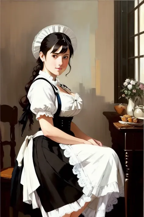 NSFW, full shot body photo of the most beautiful artwork in the world featuring a ((victorian maid)), (((lifting her skirt))), ((black dress, with white apron, filly dress)), lifting her skirt, (((showing white lace lingerie))). Panties, garter-belt, stockings. ((Large breasts)), Desk nearby, smiling, freckles, nostalgia, sexy,  heart professional majestic oil painting by Ed Blinkey, Atey Ghailan, Studio Ghibli, by Jeremy Mann, Greg Manchess, Antonio Moro, trending on ArtStation, trending on CGSociety, Intricate, High Detail, Sharp focus, dramatic, photorealistic painting art by midjourney and greg rutkowski