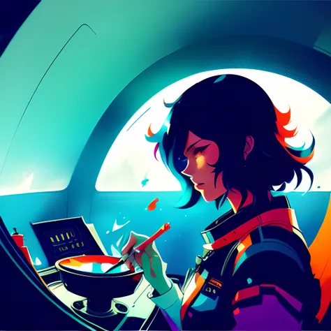anime style. cluttered starship interior; by kaethe butcher, hajime sorayama, greg tocchini, virgil finlay, sci-fi, colors, neon lights,(((by Atey Ghailan and Emmanuel Shiu,SamDoesArt1))),alberto seveso art, dancing sillhouette , water ink, ink water, ink cloud, alberto seveso art, loose painting style, intricate detail, cinematic lighting, octane render, 8k render, volumetric lighting
