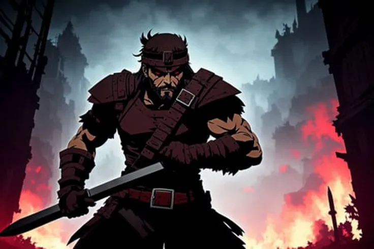 berserker, (style of darkest dungeon:1.1),hyperrealism, ethereal, cel shading, anime coloring, anime screencap, (highly detailed,masterpiece, best quality:1.1)