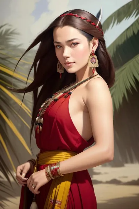 modelshoot style (from_side:1.3), red tribal clothing, cloudy_sky, braid, brown_eyes, brown_hair, earrings, (feather hair ornament), leaf, looking_at_viewer, medium_breasts, necklace, palm_tree, pelvic_curtain, very_long_hair, wristband, 8k, high detail, high resolution,intricate detail, sharp focus, joyful, majestic oil painting by Mikhail Vrubel, Atey Ghailan, by Jeremy Mann, Greg Manchess, WLOP, Charlie Bowater, trending on ArtStation, trending on CGSociety, Intricate, High Detail, Sharp focus, dramatic, photorealistic, black background, epic volumetric lighting, fine details, illustration, (masterpiece, best quality, highres)