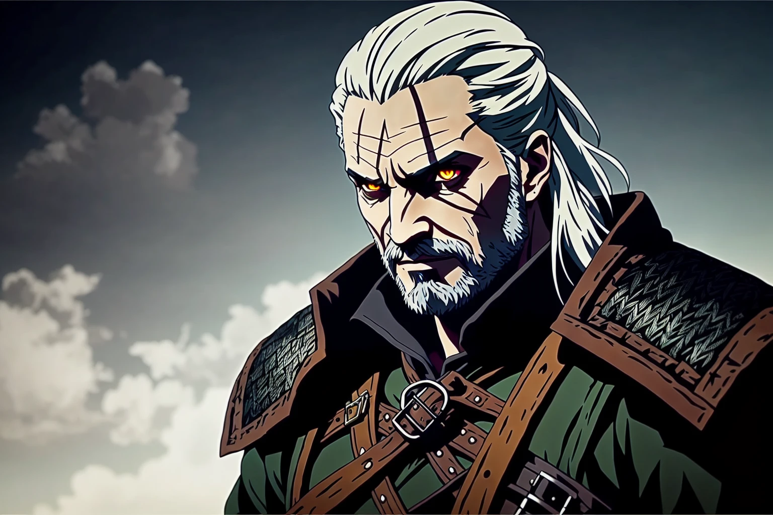 witcher, (style of darkest dungeon:1.1), hyperrealism, ethereal, cel shading, anime coloring, (anime screencap:1.2), (highly detailed,masterpiece, best quality:1.1),
