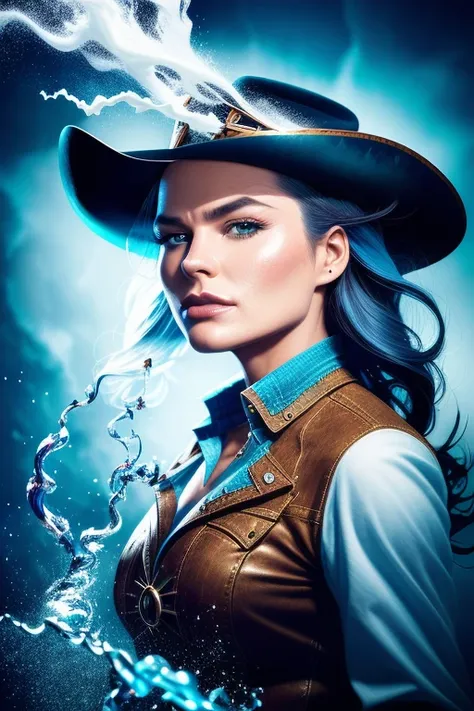 cowgirl modelshoot style, (extremely detailed CG unity 8k wallpaper), Chaotic storm of liquid smoke in the head, stylized beauty full - length abstract portrait, by petros afshar, ross tran, tom whalen, peter mohrbacher, artgerm, shattered glass, bubbly underwater scenery, radiant light