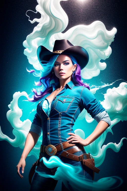 cowgirl modelshoot style, (extremely detailed CG unity 8k wallpaper), Chaotic storm of liquid smoke in the head, stylized beauty full - length abstract portrait, by petros afshar, ross tran, tom whalen, peter mohrbacher, artgerm, shattered glass, bubbly underwater scenery, radiant light