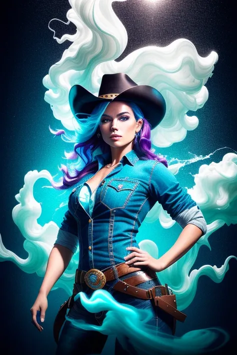 cowgirl modelshoot style, (extremely detailed CG unity 8k wallpaper), Chaotic storm of liquid smoke in the head, stylized beauty full - length abstract portrait, by petros afshar, ross tran, tom whalen, peter mohrbacher, artgerm, shattered glass, bubbly underwater scenery, radiant light