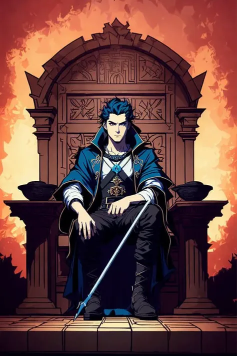 Beautifully realistic portrait of a young adult male sitting on a throne, hades style, hyperrealism, ethereal, cel shading , style of darkest dungeon,