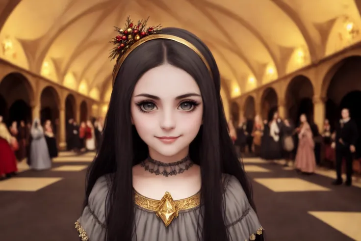 young girl, big eyes, black hair, cute face, beautiful face, symmetrical face, pale skin, slim build, thin hands, thin, very long hair, gothic style, natural colors, drawing, illustration, digital art, brush drawing, hyperdetalization, lots of details, medieval clothing, realism, hyperrealism, photo, clear iris of the eye, glare on the eyes, ((grey)) eyes, large iris, ((full body)), (ball, lots of people, festive atmosphere, dancing, rich atmosphere, large spacious hall, gold, crystal, wine glasses, tile, random characters in the background, different faces, men and women), detailed environment, Greg Rutkowski, (smile:1.3), (eyes narrowed:1.4)