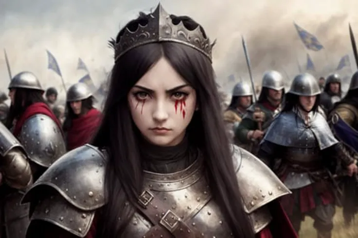 young girl, big eyes, black hair, cute face, beautiful face, symmetrical face, pale skin, slim build, thin hands, thin, very long hair, gothic style, natural colors, drawing, illustration, digital art, brush drawing, hyperdetalization, lots of details, medieval clothing, realism, hyperrealism, photo, clear iris of the eye, glare on the eyes, ((grey)) eyes, large iris, ((full body)), (warrior, plate armor, hair fluttering in the wind, cloak, heroic pose, anger, ((battle cry)), (battlefield:1.4), (bloodstains), defeated enemies, (medieval army on the background:1.3), random knights in armor, dirt and blood on the face), wlop, ((crown)) on the head, the height of the battle, warriors fight in the background, gloomy style, barbarians, horseman