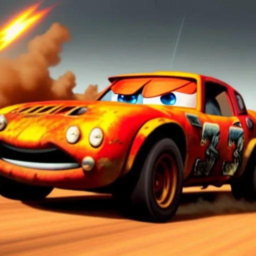 Lightning McQueen in Mad max, very high resolution