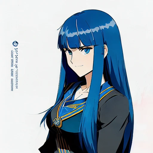 Beautifully realistic portrait of a young adult female standing,
profile, (looking at viewer), logo,
((very (smile))),
(((clothing style: (ravenclaw)))),
((((blue hair), (((hairstyle: long straight hair, blunt bangs))) ))),
(((blue eyes)), ((eye style: ufotable))),
(((round breasts, femenine, body curves, small waist))),
((very warm skin)), (((simple background))), (((very strong outline))), , high contrast,
(((style of ufotable))), ((((tricolor palette)))), ((cel shading), (flat shadows), ((ink and watercolors)), (ethereal), ((hades style)), ((style of darkest dungeon)), (((Graphic Novel))), (style of finalfantasy), (style of KyoAni), (mappa:1.2), (KyoAni:1.2), (WIT STUDIO: 1.3), (DAVID PRODUCTION: 1.1)