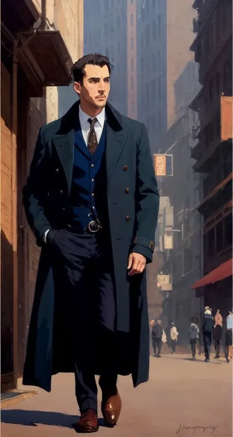 handsome man,overcoat,Steampunk,by Ed Blinkey, Atey Ghailan, Studio Ghibli, by Jeremy Mann, Greg Manchess, Antonio Moro, trending on ArtStation, trending on CGSociety, Intricate, High Detail, Sharp focus, dramatic, photorealistic painting art by midjourney and greg rutkowski