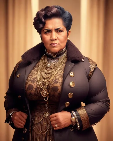 analog style, expertly illuminated, Mennatullah Jamilah, (big fat muscle:1.0), (big breast:1.0), ((((big beautiful woman)))), 80 years old, ((1900s)), wearing a coat steampunk, (((very short hair))), cinematography, crafted, elegant, meticulous, magnificent, maximum details, extremely hyper aesthetic, intricately detailed