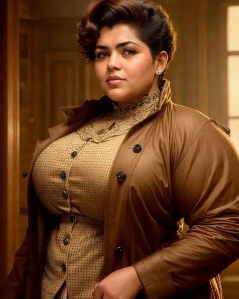 analog style, expertly illuminated, Mennatullah Jamilah, (big fat muscle:1.0), (big breast:1.0), ((((big beautiful woman)))), 80 years old, ((1900s)), wearing a coat steampunk, (((very short hair))), cinematography, crafted, elegant, meticulous, magnificent, maximum details, extremely hyper aesthetic, intricately detailed