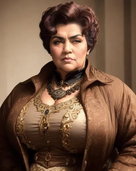 analog style, expertly illuminated, Mennatullah Jamilah, (big fat muscle:1.0), (big breast:1.0), ((((big beautiful woman)))), 80 years old, ((1900s)), wearing a coat steampunk, (((very short hair))), cinematography, crafted, elegant, meticulous, magnificent, maximum details, extremely hyper aesthetic, intricately detailed