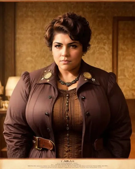 analog style, expertly illuminated, Mennatullah Jamilah, (big fat muscle:1.0), (big breast:1.0), ((((big beautiful woman)))), 80 years old, ((1900s)), wearing a coat steampunk, (((very short hair))), cinematography, crafted, elegant, meticulous, magnificent, maximum details, extremely hyper aesthetic, intricately detailed