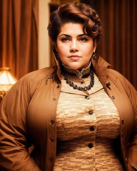 analog style, expertly illuminated, Mennatullah Jamilah, (big fat muscle:1.0), (big breast:1.0), ((((big beautiful woman)))), 80 years old, ((1900s)), wearing a coat steampunk, (((very short hair))), cinematography, crafted, elegant, meticulous, magnificent, maximum details, extremely hyper aesthetic, intricately detailed