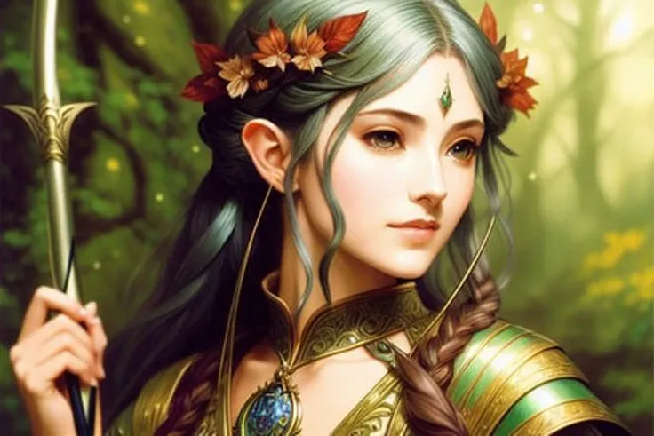 A mesmerizing and ultra detailed portrait of a graceful female elven archer, fantasy, highly detailed, digital painting, artstation, intricate, sharp focus, soft lighting, attractive, high quality, masterpiece, award-winning art, art by Yoshitaka Amano, Brian Froud, and J.R.R. Tolkien