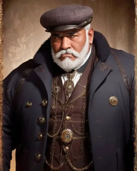 analog style, expertly illuminated, Mennatullah Jamilah, (big fat muscle:1.0), (big breast:1.0), ((((big beautiful man)))), 80 years old, ((1900s)), wearing a coat steampunk, (((very short hair))), cinematography, crafted, elegant, meticulous, magnificent, maximum details, extremely hyper aesthetic, intricately detailed