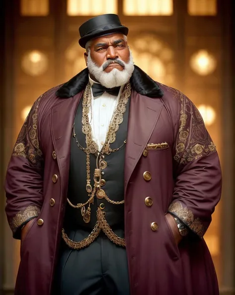 analog style, expertly illuminated, Mennatullah Jamilah, (big fat muscle:1.0), (big breast:1.0), ((((big beautiful man)))), 80 years old, ((1900s)), wearing a coat steampunk, (((very short hair))), cinematography, crafted, elegant, meticulous, magnificent, maximum details, extremely hyper aesthetic, intricately detailed