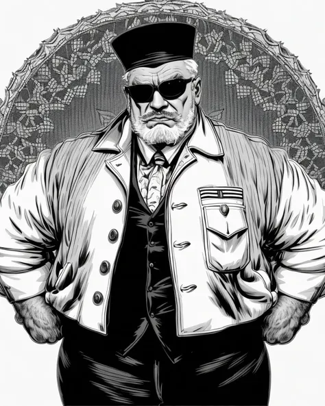 analog style, expertly illuminated, Mennatullah Jamilah, (big muscle:1.0), (big breast:1.0), ((((big beautiful man)))), 80 years old, ((1900s)), wearing a coat steampunk, (((very short hair))), cinematography, crafted, elegant, meticulous, magnificent, maximum details, extremely hyper aesthetic, intricately detailed, (vector art, white background, coloring book, line art, high resolution, black and white, colorless)