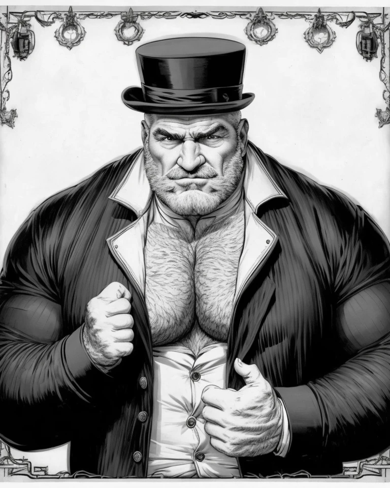 analog style, expertly illuminated, Mennatullah Jamilah, (big muscle:1.0), (big breast:1.0), ((((big beautiful man)))), 80 years old, ((1900s)), wearing a coat steampunk, (((very short hair))), cinematography, crafted, elegant, meticulous, magnificent, maximum details, extremely hyper aesthetic, intricately detailed, (vector art, white background, coloring book, line art, high resolution, black and white, colorless)