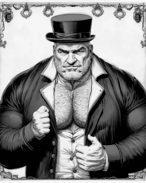 analog style, expertly illuminated, Mennatullah Jamilah, (big muscle:1.0), (big breast:1.0), ((((big beautiful man)))), 80 years old, ((1900s)), wearing a coat steampunk, (((very short hair))), cinematography, crafted, elegant, meticulous, magnificent, maximum details, extremely hyper aesthetic, intricately detailed, (vector art, white background, coloring book, line art, high resolution, black and white, colorless)