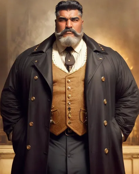 analog style, expertly illuminated, Mennatullah Jamilah, (big fat muscle:1.0), (big breast:1.0), ((((big beautiful man)))), 80 years old, ((1900s)), wearing a coat steampunk, (((very short hair))), cinematography, crafted, elegant, meticulous, magnificent, maximum details, extremely hyper aesthetic, intricately detailed