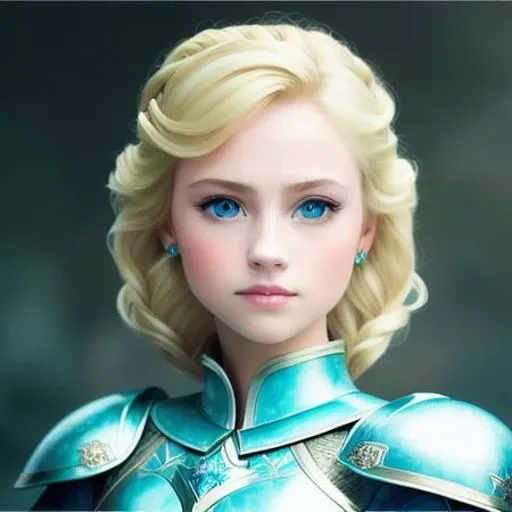 best quality, ((masterpiece)), portrait, Knight Princess with blonde Elsa hair, ((perfect face)), puffy lips, light blue eyes, (perfect eyes), using a dress armor ornamented with emeralds