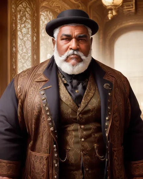 analog style, expertly illuminated, Mennatullah Jamilah, (big fat muscle:1.0), (big breast:1.0), ((((big beautiful man)))), 80 years old, ((1900s)), wearing a coat steampunk, (((very short hair))), cinematography, crafted, elegant, meticulous, magnificent, maximum details, extremely hyper aesthetic, intricately detailed