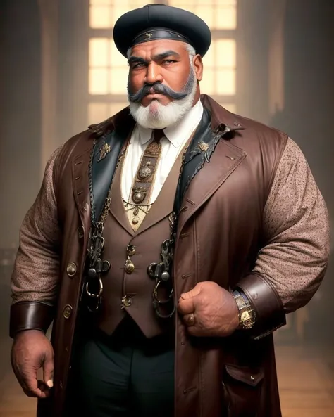 analog style, expertly illuminated, Mennatullah Jamilah, (big fat muscle:1.0), (big breast:1.0), ((((big beautiful man)))), 80 years old, ((1900s)), wearing a coat steampunk, (((very short hair))), cinematography, crafted, elegant, meticulous, magnificent, maximum details, extremely hyper aesthetic, intricately detailed