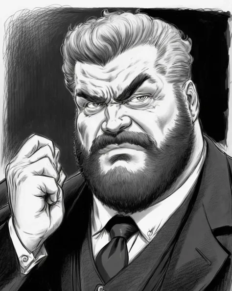 a black and white drawing of a man with a beard, a character portrait, inspired by William Stout, behance, digital art, as illustrated in top cow comics, baron harkonnen, wearing victorian rags, clip studio paint, athletic man in his 30s, bioshock style, pompadour, millionaire technocrat