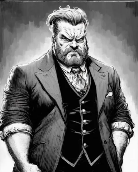 a black and white drawing of a man with a beard, a character portrait, inspired by William Stout, behance, digital art, as illustrated in top cow comics, baron harkonnen, wearing victorian rags, clip studio paint, athletic man in his 30s, bioshock style, pompadour, millionaire technocrat