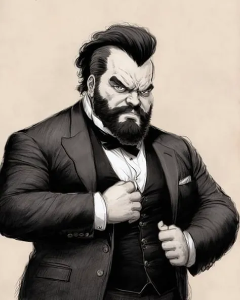 a black and white drawing of a man with a beard, a character portrait, inspired by William Stout, behance, digital art, as illustrated in top cow comics, baron harkonnen, wearing victorian rags, clip studio paint, athletic man in his 30s, bioshock style, pompadour, millionaire technocrat