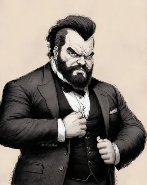 a black and white drawing of a man with a beard, a character portrait, inspired by William Stout, behance, digital art, as illustrated in top cow comics, baron harkonnen, wearing victorian rags, clip studio paint, athletic man in his 30s, bioshock style, pompadour, millionaire technocrat