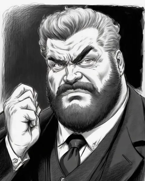 a black and white drawing of a man with a beard, a character portrait, inspired by William Stout, behance, digital art, as illustrated in top cow comics, baron harkonnen, wearing victorian rags, clip studio paint, athletic man in his 30s, bioshock style, pompadour, millionaire technocrat