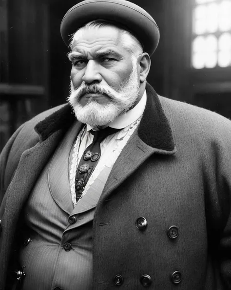 analog style, expertly illuminated, Mennatullah Jamilah, (big fat muscle:1.0), (big breast:1.0), ((((big beautiful man)))), 80 years old, ((1900s)), wearing a coat steampunk, (((very short hair))), cinematography, crafted, elegant, meticulous, magnificent, maximum details, extremely hyper aesthetic, intricately detailed