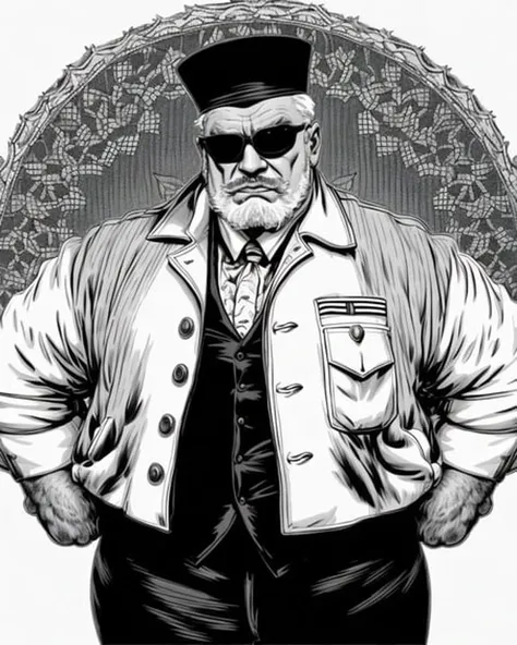 analog style, expertly illuminated, Mennatullah Jamilah, (big muscle:1.0), (big breast:1.0), ((((big beautiful man)))), 80 years old, ((1900s)), wearing a coat steampunk, (((very short hair))), cinematography, crafted, elegant, meticulous, magnificent, maximum details, extremely hyper aesthetic, intricately detailed, (vector art, white background, coloring book, line art, high resolution, black and white, colorless)