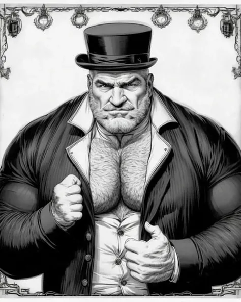 analog style, expertly illuminated, Mennatullah Jamilah, (big muscle:1.0), (big breast:1.0), ((((big beautiful man)))), 80 years old, ((1900s)), wearing a coat steampunk, (((very short hair))), cinematography, crafted, elegant, meticulous, magnificent, maximum details, extremely hyper aesthetic, intricately detailed, (vector art, white background, coloring book, line art, high resolution, black and white, colorless)